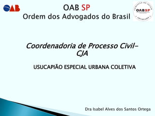Coordenadoria de Processo Civil-
             CJA
  USUCAPIÃO ESPECIAL URBANA COLETIVA




                   Dra Isabel Alves dos Santos Ortega
 