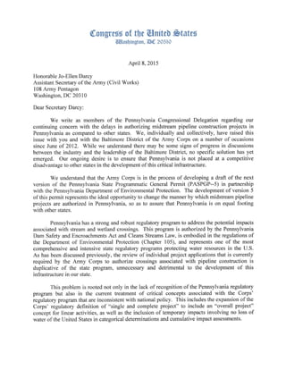 Letter from PA Congressional Delegation to Army Corps on Delays in Authorizing Pipeline Projects