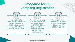 Procedure for US
Company Registration
After applying for
registration, the Internal
Revenue Services of
the US will generate an
Employer Identification
Number (EIN) or tax ID.
04
If the company belongs
to a country that is not
part of the HAGUE
CONVENTIONS, then
they must submit an
Apostille Certificate
or certificate of
authentication.
05
The company should
register for a tax permit
or vendor’s license for
a US state and other
additional permits.
06
MUDS Management Pvt. Ltd.
 