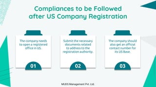 Compliances to be Followed
after US Company Registration
The company needs
to open a registered
office in US.
01
Submit the necessary
documents related
to address to the
registration authority.
02
The company should
also get an official
contact number for
its US Base.
03
MUDS Management Pvt. Ltd.
 