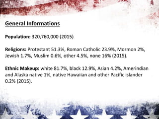 General Informations
Population: 320,760,000 (2015)
Religions: Protestant 51.3%, Roman Catholic 23.9%, Mormon 2%,
Jewish 1.7%, Muslim 0.6%, other 4.5%, none 16% (2015).
Ethnic Makeup: white 81.7%, black 12.9%, Asian 4.2%, Amerindian
and Alaska native 1%, native Hawaiian and other Pacific islander
0.2% (2015).
 