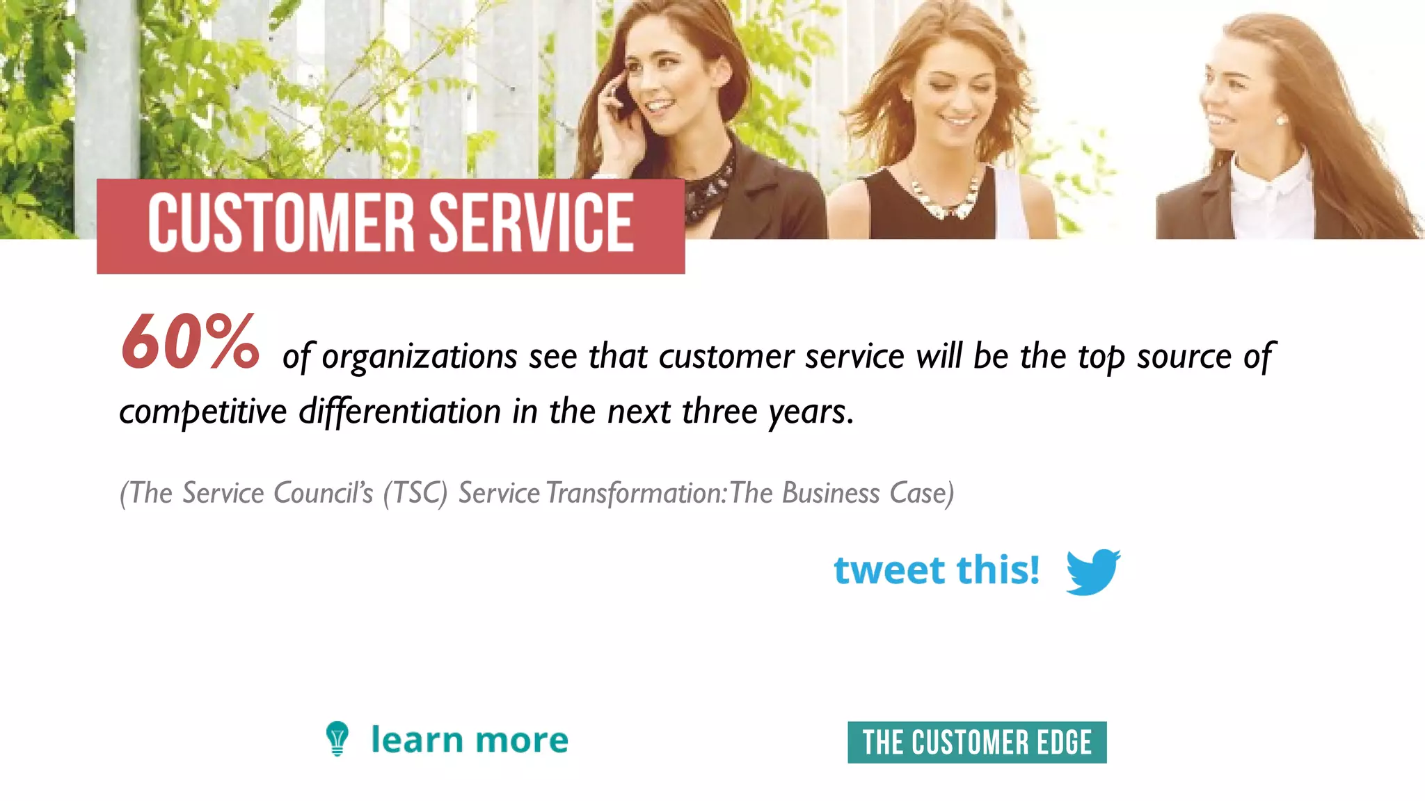 60% of organizations see that customer service will be the top source of
competitive differentiation in the next three years. 
(The Service Council’s (TSC) ServiceTransformation:The Business Case)
 