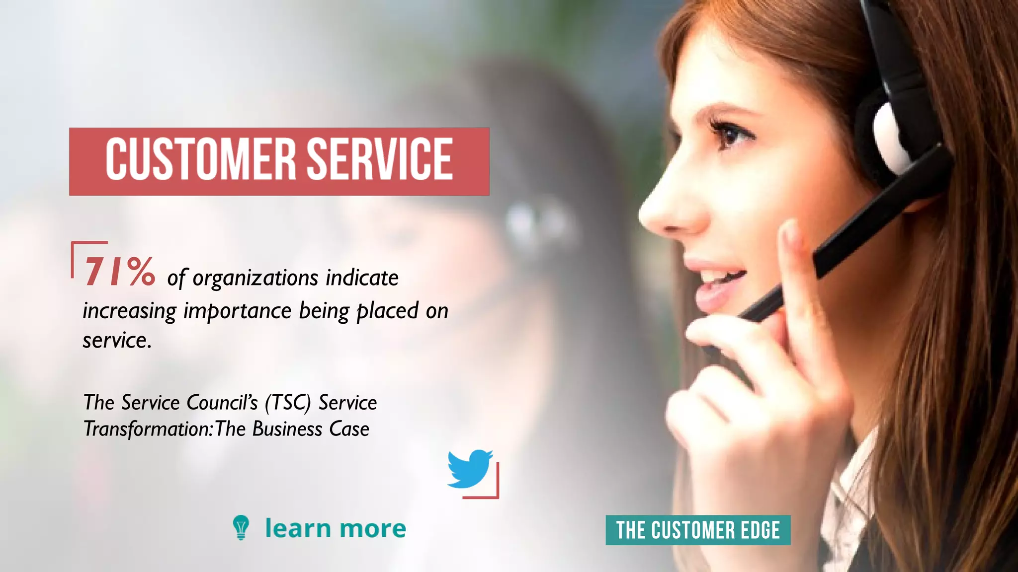 71% of organizations indicate
increasing importance being placed on
service.
The Service Council’s (TSC) Service
Transformation:The Business Case
 
