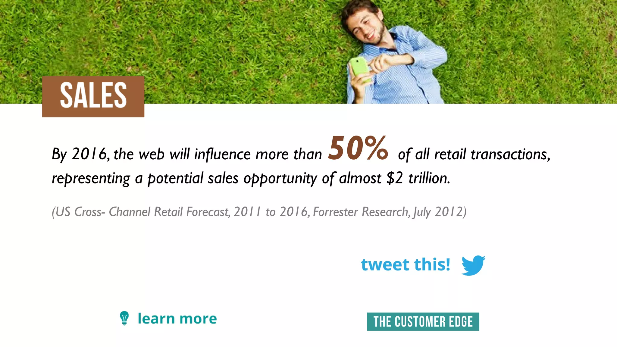 By 2016, the web will influence more than 50% of all retail transactions,
representing a potential sales opportunity of almost $2 trillion.
(US Cross- Channel Retail Forecast, 2011 to 2016, Forrester Research, July 2012)
 