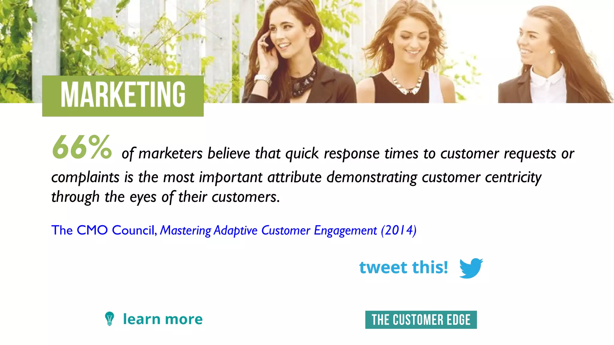 66% of marketers believe that quick response times to customer requests or
complaints is the most important attribute demonstrating customer centricity
through the eyes of their customers.
The CMO Council, Mastering Adaptive Customer Engagement (2014)
 
