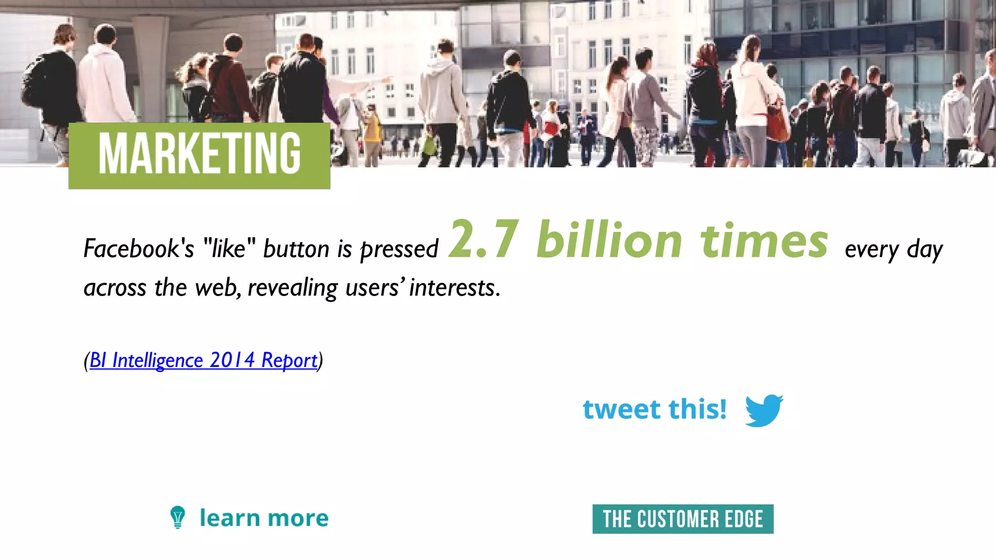 Facebook's "like" button is pressed 2.7 billion times every day
across the web, revealing users’ interests.
(BI Intelligence 2014 Report)
 