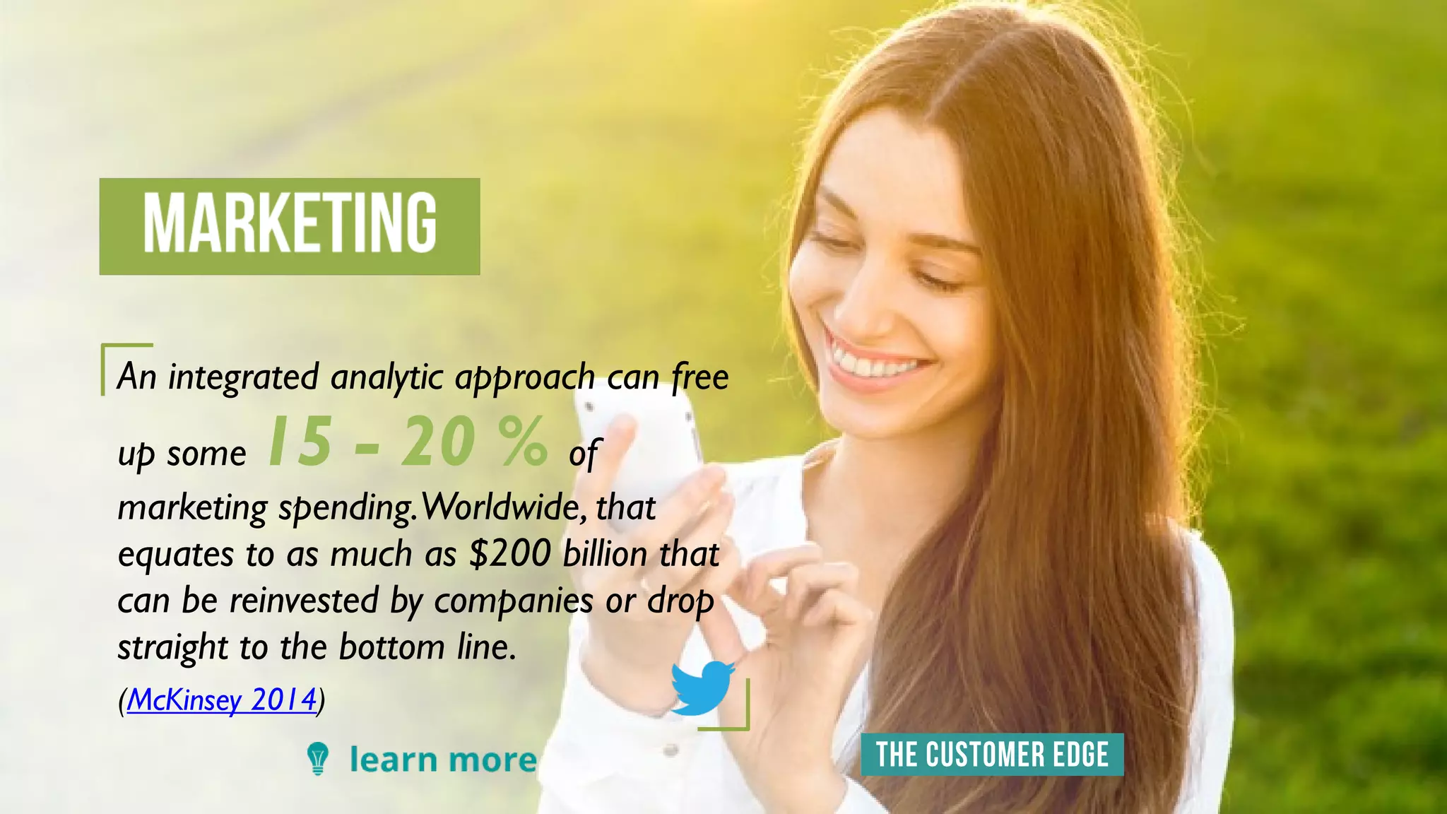 An integrated analytic approach can free
up some 15 - 20 % of
marketing spending.Worldwide, that
equates to as much as $200 billion that
can be reinvested by companies or drop
straight to the bottom line.
(McKinsey 2014)
 