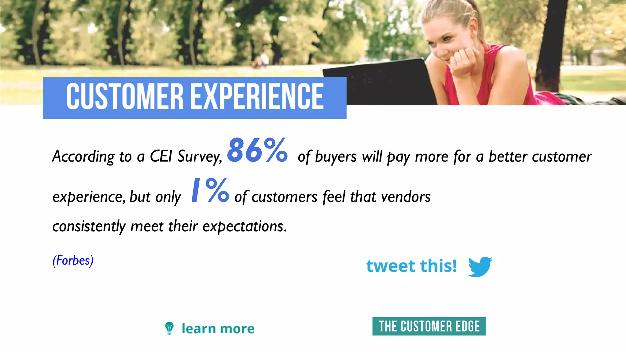 According to a CEI Survey, 86% of buyers will pay more for a better customer
experience, but only 1%of customers feel that vendors
consistently meet their expectations.
(Forbes)
 