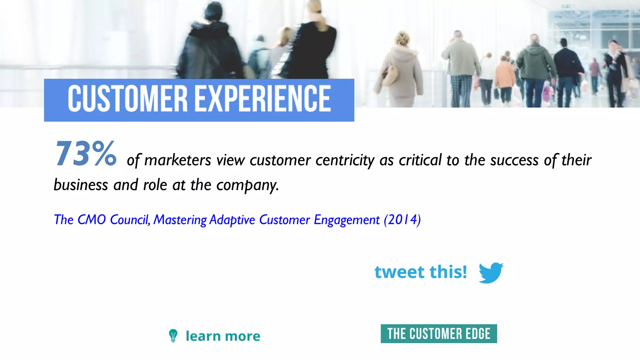 73% of marketers view customer centricity as critical to the success of their
business and role at the company.
The CMO Council, Mastering Adaptive Customer Engagement (2014)
 
