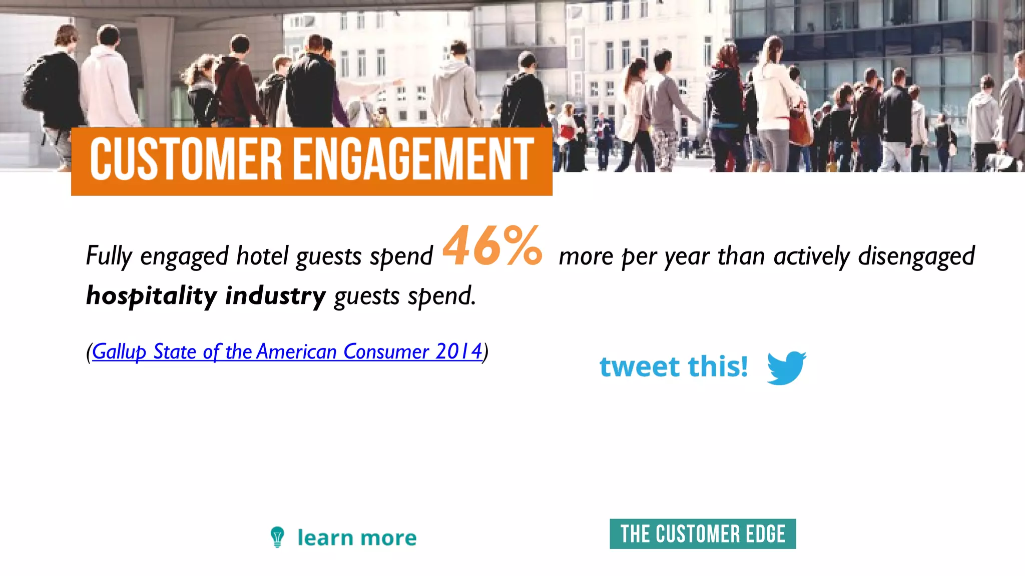 Fully engaged hotel guests spend 46% more per year than actively disengaged
hospitality industry guests spend.
(Gallup State of the American Consumer 2014)
 