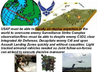 USAF must be able to rapidly air-deploy anywhere in the
world to overcome enemy Surveillance Strike Complex
observation/fires--must be able to despite enemy C3D2, clear
Integrated Air Defenses, Decapitate enemy C4I and open
Assault Landing Zones quickly and without casualties: Light
tracked armored vehicles needed so Joint follow-on-forces
can airland to execute decisive maneuver
 