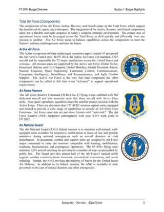FY 2014 Budget Overview                                                        Section 1: Budget Highlights



Total Air Force (Components)
The components of the Air Force--Active, Reserve, and Guard--make up the Total Force which support
the domains of air, space, and cyberspace. The integration of the Active, Reserve, and Guard components
allow for a flexible and agile response in today’s complex strategic environment. The correct mix of
operational forces must be leveraged across the Total Force to shift quickly and efficiently from one
mission to another. The Air Force seeks to balance capabilities across the components to meet the
Nation’s military challenges now and into the future.

Active Air Force
The Active component military endstrength comprises approximately 65 percent of
the Air Force’s Total Force. In FY 2014, the Active Air Force will maintain 3,725
aircraft and be responsible for 72 major installations across the United States and
overseas. All mission areas are supported by the Active Air Force: Global Strike;
Homeland Defense and Civil Support; Global Mobility; Global Persistent Attack;
Nuclear Response; Space Superiority; Command, Control, Communications,
Computers, Intelligence, Surveillance, and Reconnaissance; and Agile Combat
Support. The Active Air Force is the only full time component--the other
components can be called to full time when “activated” to support operational
requirements.

Air Force Reserve
The Air Force Reserve Command (AFRC) has 33 flying wings outfitted with 362
dedicated aircraft and nine associate units that share aircraft with Active Duty
units. Four space operations squadrons share the satellite control mission with the
Active Force. There are also more than 377 AFRC mission support units, equipped
and trained to provide a wide range of capabilities to include all Air Force Core
Functions. Air Force reservists are part-time Airmen until “activated.” The Air
Force Reserve (AFR) supported contingencies with over 4,353 work years in
FY 2012.

Air National Guard
The Air National Guard (ANG) federal mission is to maintain well-trained, well-
equipped units available for responsive mobilization at times of war and provide
assistance during national emergencies such as natural disasters or civil
disturbances. In peacetime, combat and support units are assigned to Air Force
major commands to carry out missions compatible with training, mobilization,
readiness, humanitarian, and contingency operations. The 85 ANG flying units
maintain 1,091 aircraft and may be activated in a number of ways as prescribed by
public law. The Guard provides almost half of the Air Force’s tactical airlift
support, combat communications functions, aeromedical evacuations, and aerial
refueling. Further, the ANG provides the majority of forces for the United States
Air Defense. In addition to its federal mission, the ANG is available to state
governors in the case of natural disasters and other emergencies.




                                   Integrity - Service - Excellence                                      5
 