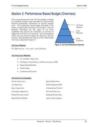 FY 2014 Budget Overview                                                                    Section 2: PBB



Section 2: Performance Based Budget (Overview)
This section discusses how the Air Force budget is aligned
to accomplish strategic goals and objectives and provides
historical performance information on specific program
areas. The performance based budget described in this                                     Air Force
section is organized by Air Force Core Function. The core                                 Mission
functions encompass the full range of Air Force
capabilities that provide the foundation of activities to                                 Core
support the Air Force’s core missions. Air Force programs                                 Missions
within each core function support the objectives, the core
missions, and ultimately the mission of the United States                                 Core
Air Force as depicted in Figure 17.                                                       Functions

Air Force Mission:                                           Figure 17. Air Force Performance Pyramid

Fly, fight and win…in air, space, and cyberspace.


Air Force Core Missions:
        •   Air and Space Superiority
        •   Intelligence, Surveillance, and Reconnaissance (ISR)
        •   Rapid Global Mobility
        •   Global Strike
        •   Command and Control


Air Force Core Functions:
Nuclear Deterrence                              Special Operations
Air Superiority                                 Global Integrated ISR
Space Superiority                               Command and Control
Cyberspace Superiority                          Personnel Recovery
Global Precision Attack                         Building Partnerships
Rapid Global Mobility                           Agile Combat Support




                                    Integrity - Service - Excellence                                    30
 