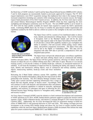 FY 2014 Budget Overview                                                                           Section 2: PBB


the block buys of AEHF (vehicles 5 and 6) and the Space-Based Infrared System (SBIRS) (GEO vehicles
5 and 6); both programs are incrementally funded as previously approved by Congress. The FY 2014
request implements a new EELV acquisition strategy that emphasizes best value to the taxpayer through
increased competition (including new entrants) while remaining focused on mission success; the budget
request funds procurement of five EELV launch services. In addition, the Air Force took step to sustain
and extend Defense Meteorological Satellite Program (DMSP) which has been supporting the Joint
warfighting and intelligence community users for 50 years. The next DMSP satellite is set to launch in
FY 2014 with the final satellite available for launch when required to sustain the DoD’s operational
needs. Continuing DMSP allows the Air Force to re-define the space-based weather requirements and
capabilities needed by the DoD to deliver a follow-on system to the warfighter in the most cost effective
manner.
                                        The Space Fence will be a system of two land-based radars to detect,
                                        track, identify and characterize orbiting objects. Site I will be located
                                        at Kwajalein Atoll in the Marshall Islands and will be the most
                                        accurate, high capacity radar in the Space Surveillance Network (SSN).
                                        It will provide a critical SSN capability needed to give warfighters the
                                        ability to maintain a full and accurate orbital catalog, ensure orbital
                                        safety, and perform conjunction assessments. The Space Fence data
                                        will be fed to the JSpOC at Vandenberg AFB. This data will be
                                        integrated with other SSN data to provide a comprehensive SSA and
                                        integrated space picture.
 Ground radar space surveillance
 system to detect, track and identify
                                   The Space Fence will provide enhanced space surveillance capabilities
 small space objects               to detect and track orbiting objects such as commercial and military
satellites and space debris. The Space Fence will have greater sensitivity, allowing it to detect, track and
measure an object the size of a softball orbiting more than 1,200 miles in space. Because it is an uncued
tracking system, it will provide evidence of satellite break-ups, collisions, or unexpected maneuvers of
satellites. It will form the foundation of improved SSA by expanding the ability and capacity to detect,
track, identify and characterize orbiting objects, such as commercial and military satellites, smaller
objects, maneuvering satellites, break-up events and lower inclination
objects.
Relocating the C-Band Radar enhances current SSA capability with
coverage of the Southern Hemisphere; taking the first step toward an SSA
partnership with Australia. The 2012 Defense Strategic Guidance states
"today space systems and their supporting infrastructure face a range of
threats that may degrade, disrupt, or destroy assets.” Accordingly, DoD
will continue to work with domestic and international allies and partners
and invest in advanced capabilities to defend its networks, operational
capability, and resiliency in cyberspace and space in following the 2011
National Security Space Strategy objective to "strengthen safety, stability Relocating Antigua range radar
and security in space."                                                     to Australia for SSA use.

Air Force Space Command (AFSPC) took the initiative to fund continued development and sustainment
of AEHF operations in FY 2014. AFSPC funded interim contractor support to sustain the mission control
segment, crypto, AEHF Calibration facility, and interim C2 terminal through FY 2015 Interim Operational
Capability (IOC). Additionally, the Air Force developed the GEO 5-6 acquisition strategy to build two
clones of SBIRS GEO 4 with projected deliveries in 2019 and 2020. This strategy leverages previous
investments in the existing GEO satellite design and allows the Air Force to sustain essential mission
capabilities while the near-term Space Modernization Initiative (SMI) Investment Plan informs the trade
space for system evolution beyond SBIRS GEO 5 and SBIRS GEO 6.


                                         Integrity - Service - Excellence                                     42
 