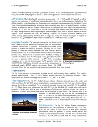 FY 2014 Budget Overview                                                                           Section 2: PBB


demand aircraft availability to perform against each mission. While current operational requirements are
being met, the KC-46A program is critical to meet future operational demands in this mission area.

Airlift Operations: The bulk of airlift operations are supported by C-5, C-17, and C-130 aircraft to deliver
supplies and equipment to both United States and coalition forces and for humanitarian relief efforts. The
ability to deliver critical supplies into the most remote regions of Afghanistan provides Combined Forces
Land Component Commanders the freedom to maneuver and arrange forces as needed. In many locations,
Airmen, Soldiers and Marines depend exclusively on airlifters to bring them supplies to carry out their
missions. In FY 2012, Air Force airlift in the USCENTCOM AOR moved more than 247,000 short tons
of cargo, transported over 866,000 passengers, and airdropped more than 49 million pounds of critical
supplies. Since September 11, 2001, Air Mobility Command has executed more than 469,000 airlift
sorties moving approximately 4 million tons of cargo and nearly 7.4 million passengers in support of
Operations IRAQI FREEDOM/NEW DAWN and Operation ENDURING FREEDOM.

Aeromedical Evacuation: The men and women who put themselves in
harm’s way serving the Nation can be assured they will receive rapid,
top-notch medical care if required. Aeromedical Evacuation brings
patients to world-class medical treatment, fulfilling the Air Force
priority of caring for service members and their families. Aircraft
already airborne can be re-routed within minutes of notice to address
priority cases. Aeromedical Evacuation crew members, working in
concert with Critical Care Air Transport Teams, provide state of the
art care to patients while airborne. In FY 2012, aeromedical
evacuation crews moved approximately 6,000 patients within the AF Aeromedical personnel care for
USCENTCOM AOR alone. Globally, aeromedical evacuations crews fellow warfighters
performed nearly 13,000 patient movements during FY 2012,
averaging 36 per day and providing time-sensitive transport for those most in need.

FY 2014 Initiatives
The Air Force continues to recapitalize its oldest aircraft while ensuring legacy mobility fleet viability
through modernization. The FY 2014 Budget Request provides for initiatives including Tanker
replacement and modernization upgrades to the C-5, C-17 and C-130 fleets.
Tanker Replacement: The FY 2014 Budget Request reflects a balanced approach across the tanker and
airlift portfolios. The KC-46A tanker recapitalization program remains an Air Force top priority; without
tankers, the Air Force isn’t global. The new tanker is intended to replace the oldest KC-135 aircraft built
in 1957. More than a mere replacement for aged KC-135s, the KC-46A will provide a forward leap in
capability. The KC-46A will be able to multi-point refuel joint and coalition aircraft, carry cargo or
passengers, conduct aeromedical evacuation and self-deploy to any theater. The program plan is to
                                       purchase 179 KC-46A aircraft. By 2028, the Air Force expects to
                                       base 179 KC-46As at one formal training unit (FTU) and up to 10
                                       main operating bases (MOB). Final basing decision for the FTU,
                                       MOB 1, and MOB 2 will be made and announced in the spring of
                                       2014.
                                                Airlift Modernization: The FY 2014 Budget Request continues the
                                                long-standing Air Force objective to modernize its C-130 fleet.
                                                With the Air Force as lead service, a new joint multiyear
C-5M Galaxy sits on flightline at Dover Air
                                                procurement effort will procure 79 C-130J variant aircraft and
Force Base                                      saves 9.5% over an annual contract. This FY 2014-FY 2018 effort
                                                includes 43 HC/MC-130J and 29 C-130J Air Force aircraft which


                                              Integrity - Service - Excellence                               49
 