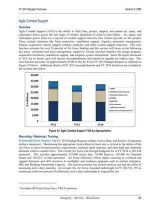 FY 2014 Budget Overview                                                                    Section 2: PBB



Agile Combat Support
Overview
Agile Combat Support (ACS) is the ability to field, base, protect, support, and sustain air, space, and
cyberspace forces across the full range of military operations to achieve joint effects. Air, space, and
cyberspace power relies on a myriad of combat support activities that Airmen provide on the ground.
These include functions like force protection, installation support, logistics, personnel management,
finance, acquisition, family support, military medicine, and other combat support functions. This core
function accounts for over 29 percent of Air Force funding and this section will focus on the following
key areas: personnel and force management, support to Airmen and their families, the energy program,
acquisition excellence, installation support, and weapons system sustainment. Since the topics discussed
in ACS are so broad, each will discuss accomplishments and initiatives together by subject area. This
core function accounts for approximately $32B of the Air Force FY 2014 Budget Request as reflected in
Figure 32 below. Additional details of FY 2012 accomplishments and FY 2014 initiatives are included in
the sections that follow.




                          Figure 32. Agile Combat Support TOA by Appropriation

Recruiting / Retaining / Training
Endstrength/Force Shaping: The FY 2014 Budget Request realigns Active Duty and Reserve Component
military manpower. Maintaining the appropriate Active-Reserve force mix is critical to the ability of the
Air Force to meet forward presence requirements, maintain rapid response, and meet high-rate rotational
demands within a smaller force. The overall Air Force end strength budgeted for in FY 2014 is 687,634
personnel. This includes approximately 327,600 active duty, 70,400 Reserve, 105,400 Air National
Guard and 184,234 2 civilian personnel. Air Force efficiency efforts reduce manning in overhead and
support functions and shift resources to warfighter and readiness programs such as nuclear enterprise,
ISR, and Building Partnership Capacity. The current economy has slowed attrition and had the effect of
increasing active duty manning. As a result, the Air Force exceeded endstrength in FY 2012 by 159 as
remaining within two percent of authorized, active duty endstrength as required by law.




2
    Excludes OCO and Army/Navy TWCF positions


                                   Integrity - Service - Excellence                                   65
 