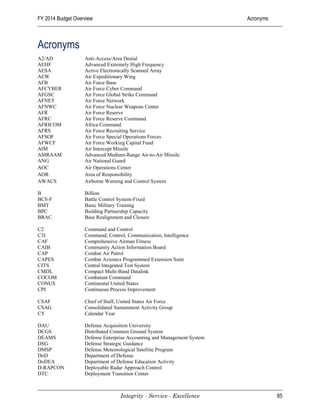 FY 2014 Budget Overview                                                  Acronyms



Acronyms
A2/AD              Anti-Access/Area Denial
AEHF               Advanced Extremely High Frequency
AESA               Active Electronically Scanned Array
AEW                Air Expeditionary Wing
AFB                Air Force Base
AFCYBER            Air Force Cyber Command
AFGSC              Air Force Global Strike Command
AFNET              Air Force Network
AFNWC              Air Force Nuclear Weapons Center
AFR                Air Force Reserve
AFRC               Air Force Reserve Command
AFRICOM            Africa Command
AFRS               Air Force Recruiting Service
AFSOF              Air Force Special Operations Forces
AFWCF              Air Force Working Capital Fund
AIM                Air Intercept Missile
AMRAAM             Advanced Medium-Range Air-to-Air Missile
ANG                Air National Guard
AOC                Air Operations Center
AOR                Area of Responsibility
AWACS              Airborne Warning and Control System

B                  Billion
BCS-F              Battle Control System-Fixed
BMT                Basic Military Training
BPC                Building Partnership Capacity
BRAC               Base Realignment and Closure

C2                 Command and Control
C3I                Command, Control, Communication, Intelligence
CAF                Comprehensive Airman Fitness
CAIB               Community Action Information Board
CAP                Combat Air Patrol
CAPES              Combat Avionics Programmed Extension Suite
CITS               Central Integrated Test System
CMDL               Compact Multi-Band Datalink
COCOM              Combatant Command
CONUS              Continental United States
CPI                Continuous Process Improvement

CSAF               Chief of Staff, United States Air Force
CSAG               Consolidated Sustainment Activity Group
CY                 Calendar Year

DAU                Defense Acquisition University
DCGS               Distributed Common Ground System
DEAMS              Defense Enterprise Accounting and Management System
DSG                Defense Strategic Guidance
DMSP               Defense Meteorological Satellite Program
DoD                Department of Defense
DoDEA              Department of Defense Education Activity
D-RAPCON           Deployable Radar Approach Control
DTC                Deployment Transition Center



                                   Integrity - Service - Excellence                 85
 