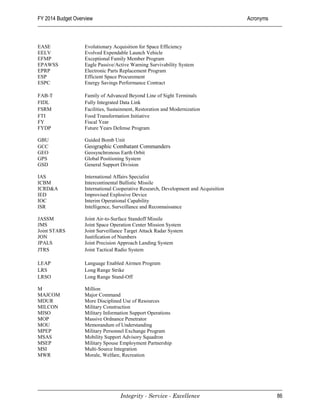 FY 2014 Budget Overview                                                              Acronyms



EASE               Evolutionary Acquisition for Space Efficiency
EELV               Evolved Expendable Launch Vehicle
EFMP               Exceptional Family Member Program
EPAWSS             Eagle Passive/Active Warning Survivability System
EPRP               Electronic Parts Replacement Program
ESP                Efficient Space Procurement
ESPC               Energy Savings Performance Contract

FAB-T              Family of Advanced Beyond Line of Sight Terminals
FIDL               Fully Integrated Data Link
FSRM               Facilities, Sustainment, Restoration and Modernization
FTI                Food Transformation Initiative
FY                 Fiscal Year
FYDP               Future Years Defense Program

GBU                Guided Bomb Unit
GCC                Geographic Combatant Commanders
GEO                Geosynchronous Earth Orbit
GPS                Global Positioning System
GSD                General Support Division

IAS                International Affairs Specialist
ICBM               Intercontinental Ballistic Missile
ICRD&A             International Cooperative Research, Development and Acquisition
IED                Improvised Explosive Device
IOC                Interim Operational Capability
ISR                Intelligence, Surveillance and Reconnaissance

JASSM              Joint Air-to-Surface Standoff Missile
JMS                Joint Space Operation Center Mission System
Joint STARS        Joint Surveillance Target Attack Radar System
JON                Justification of Numbers
JPALS              Joint Precision Approach Landing System
JTRS               Joint Tactical Radio System

LEAP               Language Enabled Airmen Program
LRS                Long Range Strike
LRSO               Long Range Stand-Off

M                  Million
MAJCOM             Major Command
MDUR               More Disciplined Use of Resources
MILCON             Military Construction
MISO               Military Information Support Operations
MOP                Massive Ordnance Penetrator
MOU                Memorandum of Understanding
MPEP               Military Personnel Exchange Program
MSAS               Mobility Support Advisory Squadron
MSEP               Military Spouse Employment Partnership
MSI                Multi-Source Integration
MWR                Morale, Welfare, Recreation




                                   Integrity - Service - Excellence                             86
 