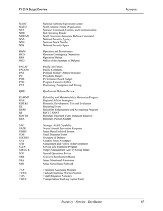 FY 2014 Budget Overview                                                 Acronyms



NAOC               National Airborne Operations Center
NATO               North Atlantic Treaty Organization
NC3                Nuclear, Command, Control, and Communication
NOR                Net Operating Result
NORAD              North American Aerospace Defense Command
NSA                National Security Agency
NSN                National Stock Number
NSS                National Security Space

O&M                Operation and Maintenance
OCO                Overseas Contingency Operations
OPS                Operation Shelter
OSD                Office of the Secretary of Defense

PACAF              Pacific Air Forces
PACOM              Pacific Command
PAS                Political-Military Affairs Strategist
PB                 Presidents Budget
PBB                Performance Based Budget
PEO                Program Executive Office
PNT                Positioning, Navigation and Timing

QDR                Quadrennial Defense Review

RAMMP              Reliability and Maintainability Maturation Program
RAS                Regional Affairs Strategists
RDT&E              Research, Development, Test and Evaluation
RE                 Recurring Event
RERP               Reliability Enhancement and Re-engining Program
RJ                 RIVET JOINT
ROVER              Remotely Operated Video Enhanced Receiver
RPA                Remotely Piloted Aircraft

SAC                Strategic Airlift Capability
SAPR               Sexual Assault Prevention Response
SBIRS              Space Based Infrared System
SDB                Small Diameter Bomb
SECDEF             Secretary of Defense
SFA                Security Force Assistance
SFD                Sustainment and Follow-on Development
SLEP               Service Life Extension Program
SMAG-R             Supply Management Activity Group-Retail
SOF                Special Operations Forces
SRB                Selective Reenlistment Bonus
SSA                Space Situational Awareness
SSN                Space Surveillance Network

TAP                Transition Assistance Program
TEWS               Tactical Electronic Warfare System
TOA                Total Obligation Authority
TWCF               Transportation Working Capital Fund




                                    Integrity - Service - Excellence               87
 