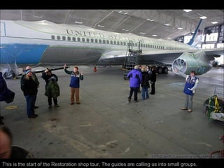 This is the start of the Restoration shop tour. The guides are calling us into small groups. 