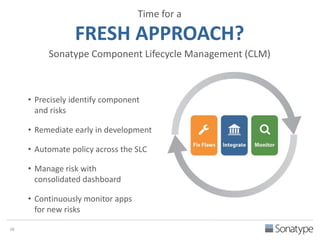 Time for a 
FRESH APPROACH? 
28 
Sonatype Component Lifecycle Management (CLM) 
• Precisely identify component 
and risks 
• Remediate early in development 
• Automate policy across the SLC 
• Manage risk with 
consolidated dashboard 
• Continuously monitor apps 
for new risks 
 