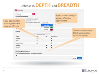 Defense in DEPTH and BREADTH 
Continuously monitor 
Bill of Materials for 
future violations 
Stage-appropriate 
actions govern the 
software lifecycle 
35 
Apply policies easily to 
groups of similar 
applications 
 
