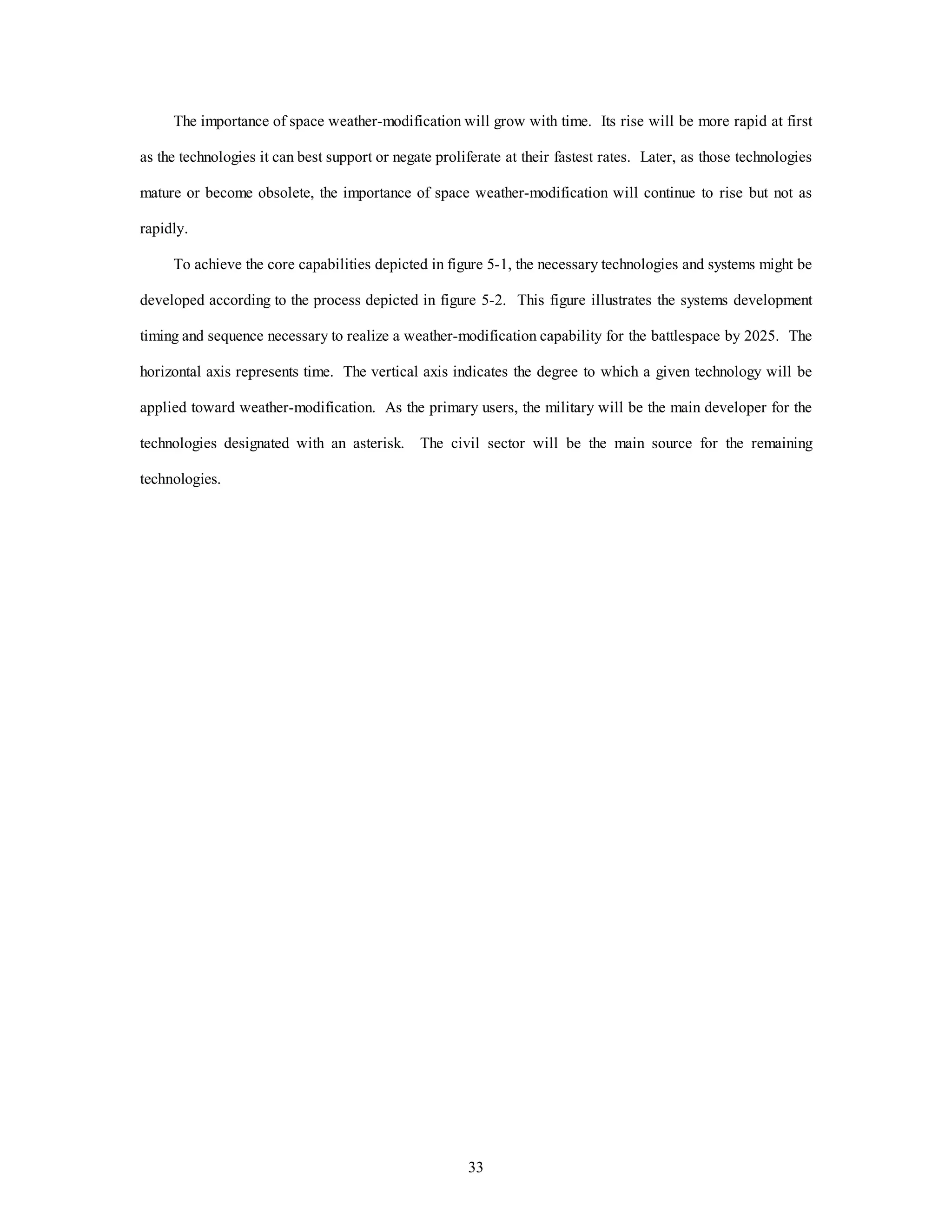 33
The importance of space weather-modification will grow with time. Its rise will be more rapid at first
as the technologies it can best support or negate proliferate at their fastest rates. Later, as those technologies
mature or become obsolete, the importance of space weather-modification will continue to rise but not as
rapidly.
To achieve the core capabilities depicted in figure 5-1, the necessary technologies and systems might be
developed according to the process depicted in figure 5-2. This figure illustrates the systems development
timing and sequence necessary to realize a weather-modification capability for the battlespace by 2025. The
horizontal axis represents time. The vertical axis indicates the degree to which a given technology will be
applied toward weather-modification. As the primary users, the military will be the main developer for the
technologies designated with an asterisk. The civil sector will be the main source for the remaining
technologies.
 