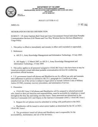 USAG Red Cloud Command Policy 1-12 Blackberry Usage Policy Letter  