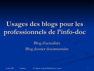 Usages des blogs pour les professionnels de l’info-doc Blog d’actualités Blog dossier documentaire 