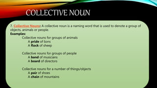 COLLECTIVE NOUN
7. Collective Nouns: A collective noun is a naming word that is used to denote a group of
objects, animals or people.
Examples:
Collective nouns for groups of animals
A pride of lions
A flock of sheep
Collective nouns for groups of people
A band of musicians
A board of directors
Collective nouns for a number of things/objects
A pair of shoes
A chain of mountains
 