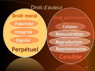 14
Droit d’auteurDroit d’auteur
Intégrité
Paternité
Dignité
Perpétuel
Cession
Rémunération
Reproduction
Représentation
Cessible
 