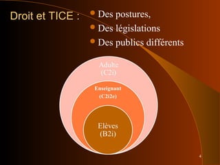 4
Droit et TICE :Droit et TICE : Des postures,
Des législations
Des publics différents
 