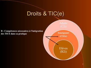 7
Droits & TIC(e)Droits & TIC(e)
B - Compétences nécessaires à l’intégration
des TICE dans sa pratique
 