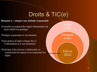 8
Droits & TIC(e)Droits & TIC(e)
Domaine 2 : Adopter une attitude responsable
-Connaître et respecterles règles élémentaires du
droit relatif à sa pratique
-Protéger sa personne et ses données
-Faire preuve d’esprit critique face à
l’information et à son traitement
-Participer à des travaux collaboratifs en
connaissant les enjeux et en respectant les
règles
 