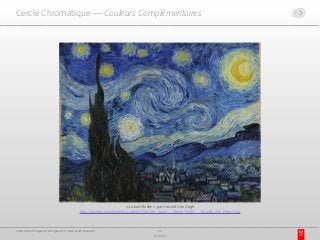 Cercle Chromatique — Couleurs Complémentaires
« La nuit étoilée » par Vincent Van Gogh
http://commons.wikimedia.org/wiki/File:Van_Gogh_-_Starry_Night_-_Google_Art_Project.jpg
55
17/03/15
© 2015 Adobe Systems Incorporated. Tous droits réservés.
 