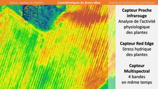 19/39
Capteur Proche
infrarouge
Analyse de l’activité
physiologique
des plantes
Capteur Red Edge
Stress hydrique
des plantes
Capteur
Multispectral
4 bandes
en même temps
Drone, mythes et réalités Caractéristiques du drone eBee Drones et recherches scientifiques
 