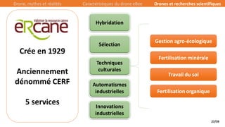 27/39
Hybridation
Sélection
Techniques
culturales
Innovations
industrielles
Automatismes
industrielles
Crée en 1929
Anciennement
dénommé CERF
5 services
Fertilisation minérale
Gestion agro-écologique
Travail du sol
Fertilisation organique
Drone, mythes et réalités Caractéristiques du drone eBee Drones et recherches scientifiques
 