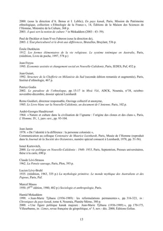 13
2000. (sous la direction d’A. Bensa et I. Leblic), En pays kanak, Paris, Mission du Patrimoine
ethnologique, collection « Ethnologie de la France », 14, Éditions de la Maison des Sciences de
l’Homme, Ministère de la Culture, 368 p.
2003. À quoi sert la notion de culture ? in Mokaddem (2003 : 43- 59).
Paul de Deckker et Jean-Yves Faberon (sous la direction de),
2003. L’État pluriculturel et le droit aux différences, Bruxelles, Bruylant, 536 p.
Émile Durkheim
1912. Les formes élémentaires de la vie religieuse. Le système totémique en Australie, Paris,
(réédition, Livre de poche, 1997, 578 p.)
Jean Freyss
1995. Économie assistée et changement social en Nouvelle-Calédonie, Paris, IEDES, Puf, 452 p.
Jean Guiart,
1992. Structure de la Chefferie en Mélanésie du Sud (seconde édition remaniée et augmentée), Paris,
Institut d’ethnologie, 467 p.
Patrice Godin
2002. Le paradoxe de l’ethnologue, pp. 15-17 in Mwà Véé, ADCK, Nouméa, n°38, octobre-
novembre-décembre, dossier spécial Leenhardt
Remo Guidieri, directeur responsable, Ouvrage collectif et anonyme,
1985. Le Livre blanc sur la Nouvelle-Calédonie, un document de l’Antenne, Paris, 102 p.
André-Georges Haudricourt
1964. « Nature et culture dans la civilisation de l’igname : l’origine des clones et des clans », Paris,
L’Homme, IV, 1, janv.-avr., pp. 93-104.
Jean Jamin
1978. « De l’identité à la différence : la personne colonisée »,
Communication au colloque Centenaire de Maurice Leenhardt, Paris, Musée de l’Homme (reproduit
dans le Journal de la Société des Océanistes, numéro spécial consacré à Leenhardt, 1978, pp. 51-56).
Ismet Kurtovitch,
2000. La vie politique en Nouvelle-Calédonie : 1940- 1953, Paris, Septentrion, Presses universitaires,
thèse à la carte, 690 p.
Claude Lévi-Strauss
1962. La Pensée sauvage, Paris, Plon, 393 p.
Lucien Lévy-Bruhl
1935. (réédition, 1963, 335 p.) La mythologie primitive. Le monde mythique des Australiens et des
Papous, Paris, Puf.
Marcel Mauss
1950. (9ème
édition, 1980, 482 p.) Sociologie et anthropologie, Paris.
Hamid Mokaddem
1999. « Jean-Marie Tjibaou (1936-1989) : les reformulations permanentes », pp. 316-323, in :
Chroniques du pays kanak, tome 4, Nouméa, Planète Mémo, 380 p.
2000. « Une figure politique kanak majeure : Jean-Marie Tjibaou (1936-1989) », pp. 170-175,
Villeurbanne, in : Limes, revue française de géopolitique, n° 5, nov.- déc. 2000, Éditions Golias.
 