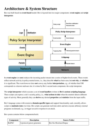 Architecture & System Structure
Bro was built based on event-based model. Bro is layered into two major components: event engine and script
interpreter.
Its event engine (or core) reduces the incoming packet stream into a series of higher-level events. These events
reflect network activity in policy-neutral terms, i.e., they describe what has been seen, but not why, or whether
it is significant. The event however does not convey any further interpretation, e.g., of whether that URI
corresponds to a known malware site; it is done by Bro’s second main component, the script interpreter.
The script interpreter which executes a set of event handlers written in Bro’s custom scripting language.
These scripts can express a site’s security policy, i.e., what actions to take when the monitor detects different
types of activity. More generally they can derive any desired properties and statistics from the input traffic.
Bro’s language comes with extensive domain-specific types and support functionality; and, crucially, allows
scripts to maintain state over time. Bro scripts can generate real-time alerts and also execute arbitrary external
programs on demand, e.g., to trigger an active response to an attack.
Bro system contains below components/tools:
Component Description Source Folder
BinPAC A protocol parser generator. Bro-Src-Root/aux/binpac
 