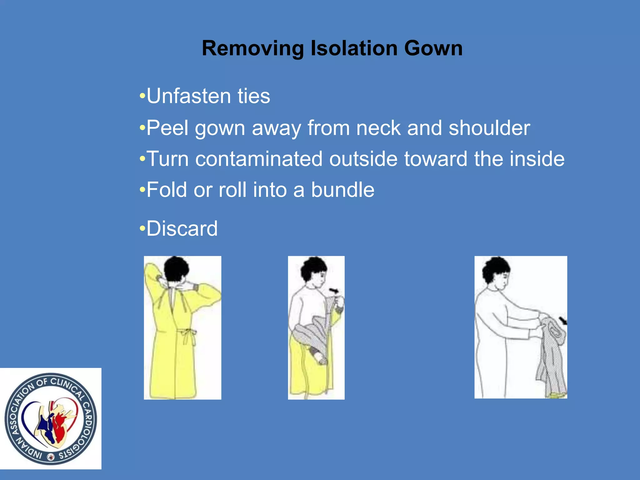 Removing Isolation Gown
•Unfasten ties
•Peel gown away from neck and shoulder
•Turn contaminated outside toward the inside
•Fold or roll into a bundle
•Discard
 