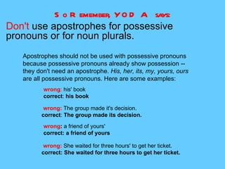 S o R emember YO D A says:
                        ,
Don't use apostrophes for possessive
pronouns or for noun plurals.
   Apostrophes should not be used with possessive pronouns
   because possessive pronouns already show possession --
   they don't need an apostrophe. His, her, its, my, yours, ours
   are all possessive pronouns. Here are some examples:
          wrong: his' book
          correct: his book

          wrong: The group made it's decision.
         correct: The group made its decision.
          wrong: a friend of yours'
          correct: a friend of yours

          wrong: She waited for three hours' to get her ticket.
         correct: She waited for three hours to get her ticket.
 