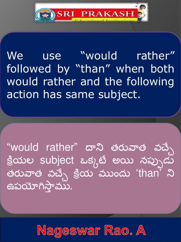 Usage of 'would rather' with Telugu Explanation.