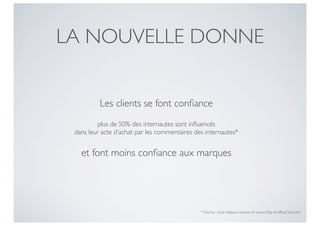 LA NOUVELLE DONNE


          Les clients se font conﬁance
         plus de 50% des internautes sont inﬂuencés
 dans leur acte d’achat par les commentaires des internautes*


   et font moins conﬁance aux marques




                                               * Source : «Les réseaux sociaux et vous», Ifop et eBuyClub.com
 