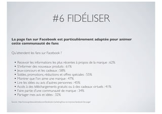 #6 FIDÉLISER
La page fan sur Facebook est particulièrement adaptée pour animer
cette communauté de fans

Qu’attendent les fans sur Facebook ?

   • Recevoir les informations les plus récentes à propos de la marque : 62%
   • S'informer des nouveaux produits : 61%
   • Jeux-concours et les cadeaux : 58%
   • Soldes, promotions, réductions et offres spéciales : 55%
   • Montrer que l'on aime une marque : 47%
   • Lire les idées ou avis d'autres personnes : 45%
   • Accès à des téléchargements gratuits ou à des cadeaux virtuels : 41%
   • Faire partie d'une communauté de marque : 34%
   • Partager mes avis et idées : 32%
Source : http://www.ignitesocialmedia.com/facebook-marketing/how-to-improve-facebook-fan-page/
 