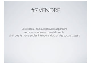 #7 VENDRE


            Les réseaux sociaux peuvent apparaître
              comme un nouveau canal de vente,
ainsi que le montrent les intentions d’achat des sociaunautes :
 