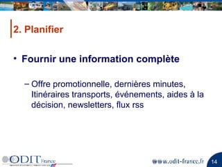 2. Planifier Fournir une information complète Offre promotionnelle, dernières minutes, Itinéraires transports, événements, aides à la décision, newsletters, flux rss 