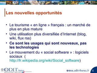 Les nouvelles opportunités Le tourisme « en ligne » français : un marché de plus en plus mature Une utilisation plus diversifiée d’Internet (blog, wiki, flux rss) Ce sont les usages qui sont nouveaux, pas les technologies Le mouvement du « social software » : logiciels sociaux  ( http://fr.wikipedia.org/wiki/Social_software )  
