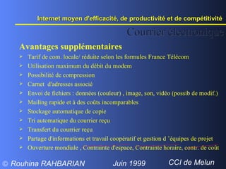 Avantages supplémentaires Tarif de com. locale/ réduite selon les formules France Télécom Utilisation maximum du débit du modem Possibilité de compression Carnet  d'adresses associé Envoi de fichiers : données (couleur) , image, son, vidéo (possib de modif.) Mailing rapide et à des coûts incomparables Stockage automatique de copie Tri automatique du courrier reçu Transfert du courrier reçu Partage d'informations et travail coopératif et gestion d ’équipes de projet Ouverture mondiale , Contrainte d'espace, Contrainte horaire, contr. de coût Courrier électronique Internet moyen d'efficacité, de productivité et de compétitivité  