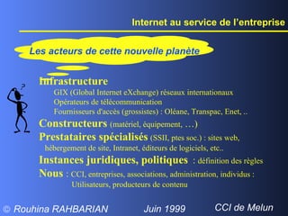Internet au service de l’entreprise Les acteurs de cette nouvelle planète  Infrastructure GIX (Global Internet eXchange) réseaux internationaux Opérateurs de télécommunication  Fournisseurs d'accès (grossistes) : Oléane, Transpac, Enet, .. Constructeurs  (matériel, équipement,  …) Prestataires spécialisés   (SSII, ptes soc.) : sites web, hébergement de site, Intranet, éditeurs de logiciels, etc.. Instances juridiques, politiques   :  définition des règles Nous   :  CCI, entreprises, associations, administration, individus :      Utilisateurs, producteurs de contenu 