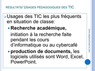 MéthodologieDonnées collectées dans 6 établissements secondaires, site d’étude de l’Agenda Panafricain de recherche sur l’intégration pédagogique des TIC (PanAf) et disponibles sur le site www.observatoiretic.org